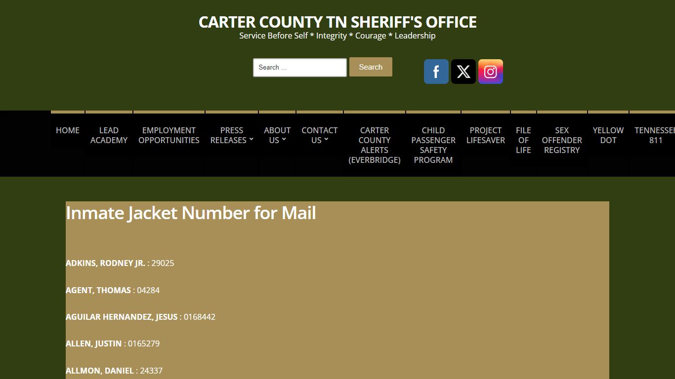Inmate Jacket Number for Mail – Carter County TN Sheriff's Office